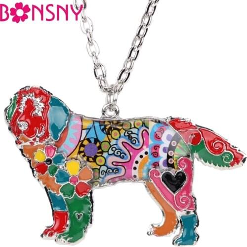 Bonsny Statement Enamel Alloy Newfoundland Dog Necklace Pendant Chain Collar Choker Novelty Animal Jewelry For Women Girls Gifts