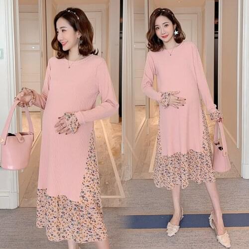Sweet Floral Chiffon Pathcwork Knitted Maternity Party Dress Spring Korean Fashion Clothes for Pregnant Women Pregnancy