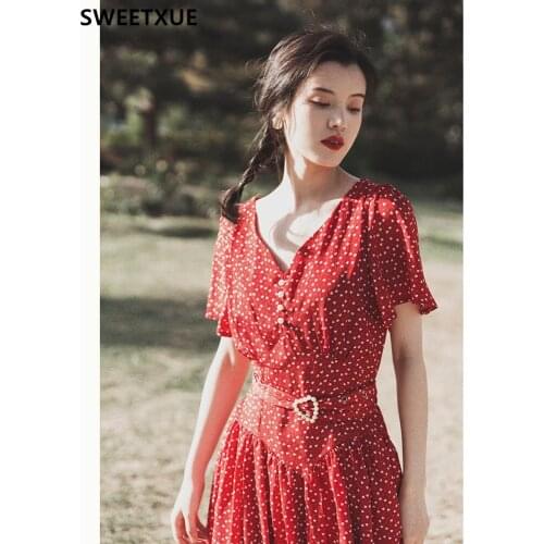 SWEETXUE 2021 Women Summer Fashion Vintage Elegant V-neck Polka Dot Chiffon Temperament Dress Sweet Chic Party Female Vestidos