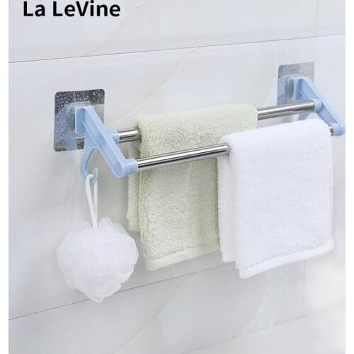 Double Shot Towel Bars No Punching Bathroom Stainless Steel No Trace Viscose Towel Rail Hanger Multifunction Bathroom Storage