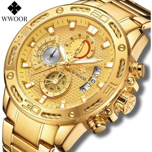 WWOOR 2021 Fashion Big Dial Men Watch Top Brand Luxury Quartz Gold Waterproof Sports Chronograph Wrist Watches Relogio Masculino