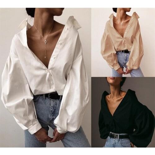 Hirigin 2021 Spring Fall Women Blouses Long Lantern Sleeve Lapel Streetwear Fashion Casual Loose Button Solid Shirt OL Shirts