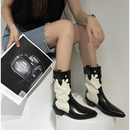 Chelsea Womens Boots Autumn Winter 2021 New Short Boots Stitching Thick-heeled Martin Boots Western Cowboy Short Boots Women