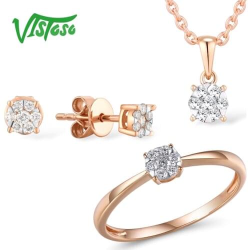 VISTOSO Jewelry Set For Woman Genuine 14K 585 Rose Gold Sparkling Diamond Delicate Round Earrings Ring Pendant Set Fine Jewelry