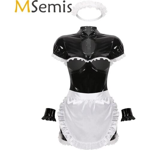Women French Maid Cosplay Costume Sexy Open Cups Apron Maid Dress Wrist Cuffs Set Clubwear Fantasias Mini Latex Bodycon Uniforms