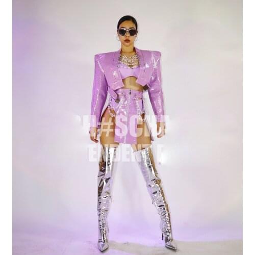 Chain Jacket Fashion DS Costumes Sexy jazz dance costume Nightclub Bar GOGO Womens Purple Suit bar dancer outfit