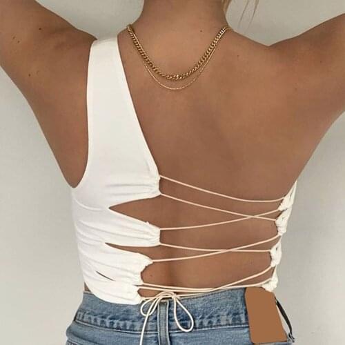 One Shoulder Bandage Crop Tops Women Solid Color Sleeveless Tank Tops Backless Camisole Chic Streetwear Clubwear Party Tube Tops
