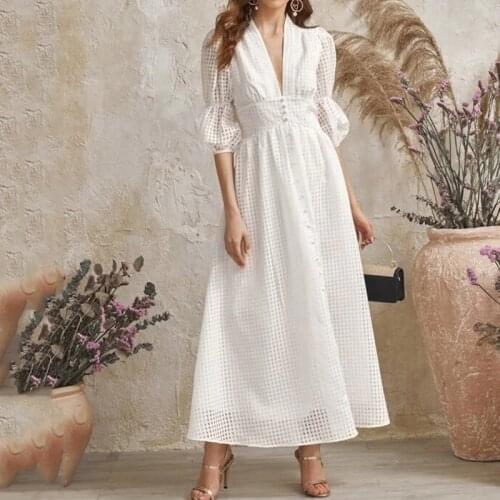 Women Summer New High Waist White Maxi Dresses Fashion V Neck Short Sleeve Plaid Dress Elegant Slim Party Dress Casual Dress
