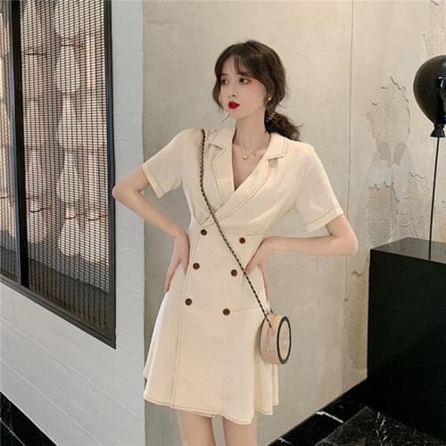 Vintage 2020 Summer Sweet Dress Women Temperament French Style Slimming Short Sleeve Fashion Suit Collar Dress & Vestidos K811