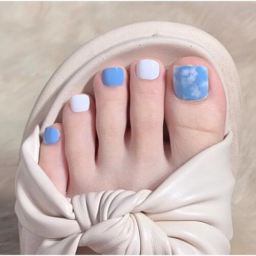 24pcs Blue White Toenail Patch Glue Type Removable Short Paragraph Fashion Manicure False Toenail Patch NE