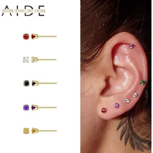 AIDE Minimalism 925 Sterling Silver Stud Earrings for Women Cute Colorful Zircon Unsex Piercing Earings Fine Jewelry pendientes