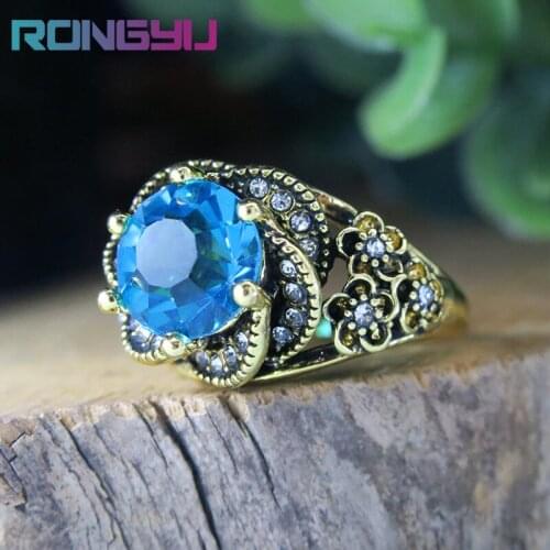 Antique Creative 18K Antique Gold Rose Inlaid with White Zircon Navy Topaz Ring for Women Wedding Engagement Party Accessories