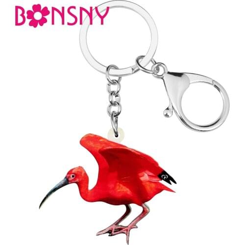 Bonsny Acrylic Red American Scarlet Ibis Keychains Long Bird Animal Keyring Jewelry For Women Girls Men Charm Wedding Decoration