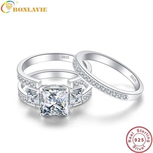 BONLAVIE 2PCS Female Luxury Jewelry Engagement Ring 3Ct White Topaz 925 Sterling Silver Wedding Band Ring Set for women