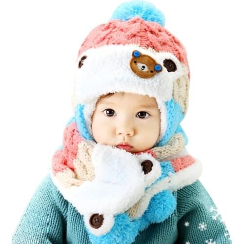 Baby Winter Hat Scarf Set Boy Girl Beanie Cap for Children Very Warm Animal Bear Kids Infant Toddler Crochet Knitted Neck Warmer
