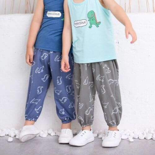 Ice Silk Cotton Childrens Anti-mosquito Pants Dinosaur Print Cute Baby Pants Boys Girls Summer Baby 1-5Years Cotton Pajama Pant