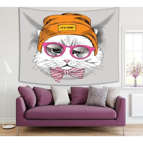 Tapestry Cat Portrait in Hipster Hat and Glasses Cool Character Urban Animal Pet Cartoon Orange Pink White