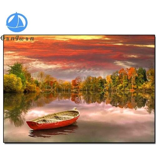 Full Square round 5D DIY Diamond Painting fall Landscape Rivers red yellow tree Reflection diamond Embroidery boat art Mosaic