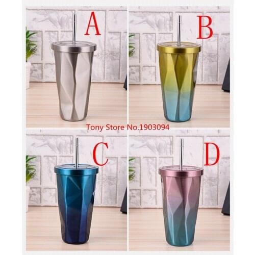 50pcs/lot Creative Coffee Mug With Straw 500ml Double Wall Stainless Steel Gradient Diamond Shaped Vacuum Insulation Bottle Tour