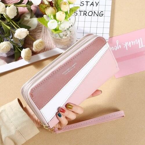 2020 new double zipper hand wallet ladies long stitching contrast color large capacity double wallet mobile phone small bag