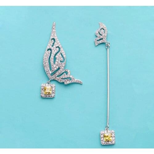 Red Trees Brand New Arrival Asymmetrical Butterfly Earrings With 925 Sterling Silver Needle and Yellow Stone Cubic Zircon In Box