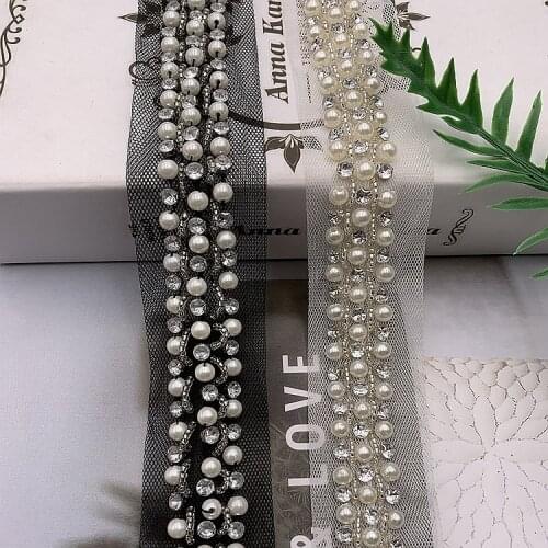 45cm Diamond Crystal Dress Applique Pearl Beaded Lace Trim Ribbons DIY Sewing Clothing Wedding Dress Accessories Belt Decoration
