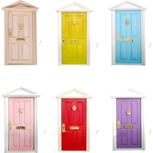 1:12 Scale Dollhouse Miniature Wood Fairy Door Knocker Doorplate Lock Key Decor Yellow,Red,Purple,Pink,Blue,Wood Color