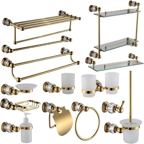 Gold Brass & crystal High quality Golden 14PCS/Set bathroom ware Bathroom hardware accessories Set