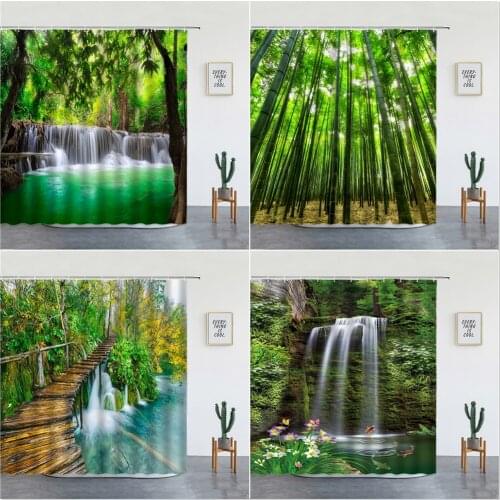 Forest Plant Landscape Shower Curtains Set Waterfall Natural Scenery Wall Hanging Bathroom Decor Bathtub Screen Fabric With Hook