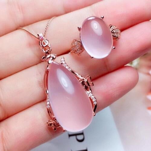 New Arrival 100% Natural Real Rose Quartz jewelry set 925 sterling silver 1pc pendant,1pc ring with Big Stone