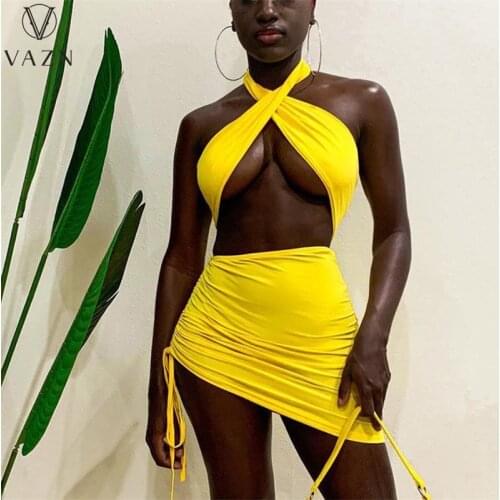 VAZN 2021 New Arrival Bandage Open Beach Set Young Halter Off Shoulder Top High Waist Mini Skirts Skinny Women 2 Piece Set