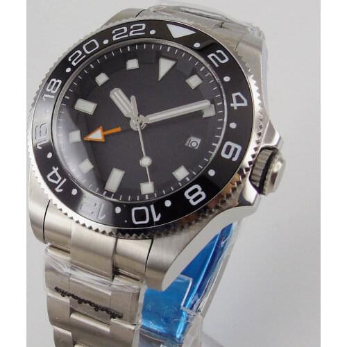 Solid 43MM Black Dial Black Ceramic Bezel GMT Indicator Luminous Marks Sapphire Crystal Automatic Movement Mens Watch