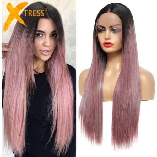 Grey Color Synthetic Lace Front Wig Long 26" Straight Soft Middle Part Lolita Hair Wigs For White Women Heat Resistant X-TRESS