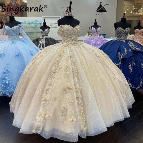 2021 Champagne Beaded Puffy Ball Gown Quinceanera Dresses Beads Sweet 16 Dress Pageant Gowns vestido de 15 anos XV
