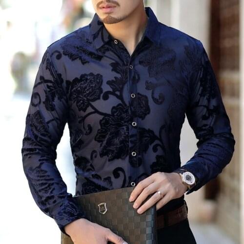 High Quality Flower Velvet Shirt Men Floral Designer Shirt Men 2020 Long Sleeve Top Camisa Hombre Camicia Soft Party Mens Shirt