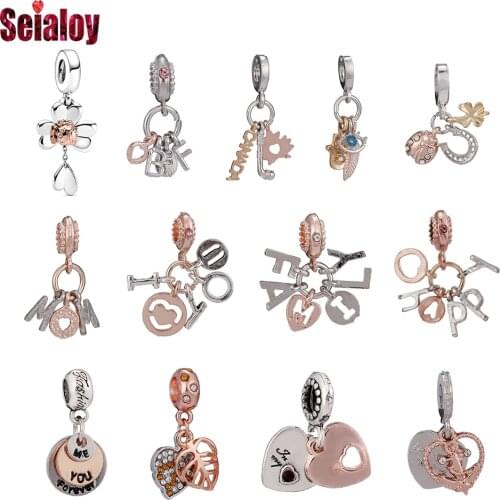Seialoy Two-color OBFF Beaded Rose Gold I Love You Charm Fit Bracelets Diy Word Family Happy Pendant Bangles Jewelry Accessories