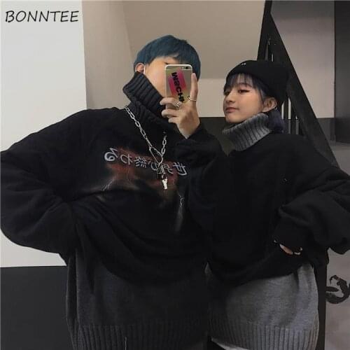 Turtleneck Sweater Couple Harajuku Basic Winter Simple Korean Thickening Sweaters for Women All-match College Boyfriend Knitwear