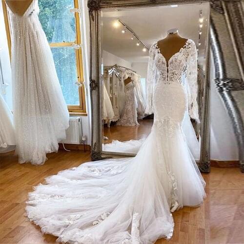 Spring Long Sleeves V Neck Bridal Gown Sexy Backless 3D Lace Appliques Formal Bride Marriage Wedding Dress Plus Size Robe Mariee