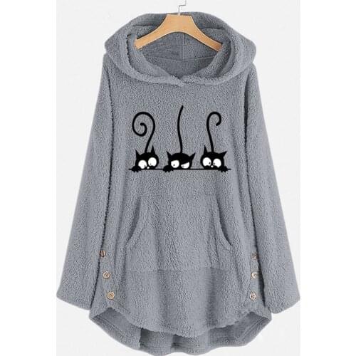 Oversize Hoodie Womens Fleece Teddy Hoodies Cat Print Warm Hooded Pullover Top Sweatshirts Jumper Women Hoodie Sweatshirts 2021