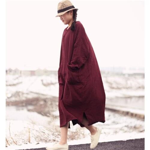Women retro Cotton Linen Plus Size Robe Dress Round Neck Loose Dress For Female Ladies big size Dresses