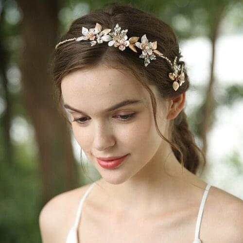 Boho Gold Floral Hair Crown Bridal Tiara Women Leaf Hairband Hand wired Wedding Headband Hair Piece Accessories