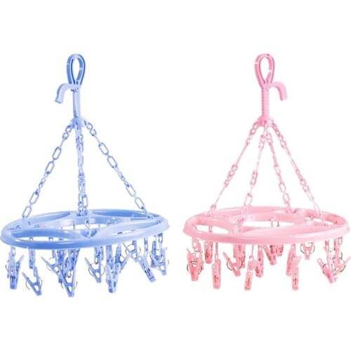 2 Pcs Hanging Dryer 18 Clips Pin Laundry Clothes Hanger Underwear Socks Foldable New(Blue & Pink)