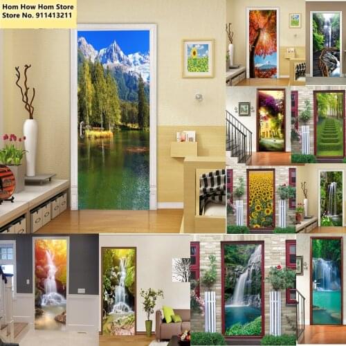 3D Door Sticker PVC Wallpaper Natural Scenery Poster Kitchen Bedroom Home Design Decor Mural Self Stick DIY Wall Decals 2pcs/set