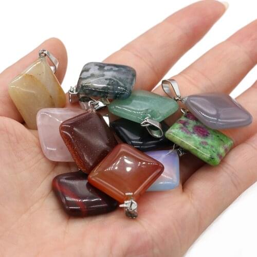 Natural Stone Pendant Diagonal Square Pendant Rose Quartzs Red Agates for Making DIY Jewelry Necklace Size 25x25mm