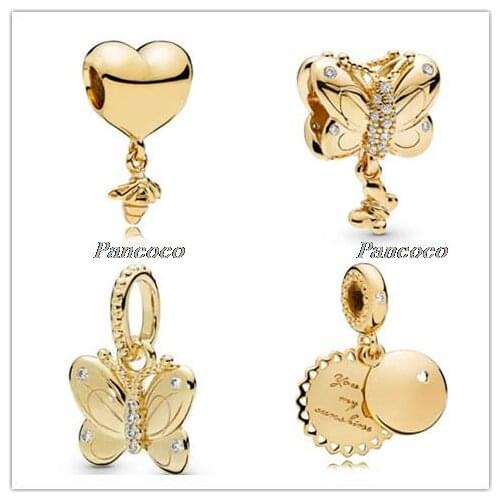 925 Sterling Silver Charm Gold Decorative Butterfly Crystal Pendant Beads Fit Pandora Bracelet & Necklace Diy Jewelry
