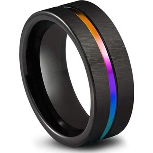 Black Titanium Stainless Steel Simple Ring Wedding Band 8mm Colorful Rainbow Couple Ring