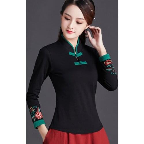 Cheongsam Women Plus Size Tops 2021 Autumn Cotton Blend Embroidery Long Sleeve Cheongsam Stand Collar Chinese Qipao Shirts Woman