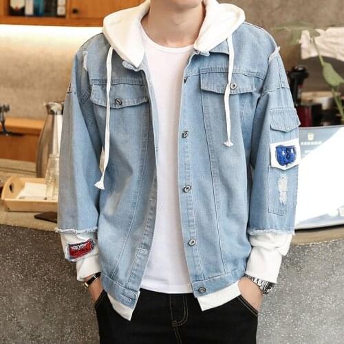 Casual Hooded Denim Jacket Student Spring Ripped Denim Jackets All-match Fake Two-piece Male Clothes Hiphop Streetwear Outerwear