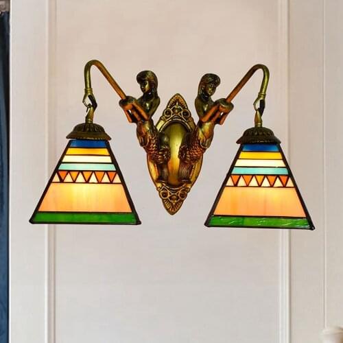 European-Style Retro Mermaid Corridor Double-Headed Wall Lamp American Tiffany Multi-Color Glass Restaurant Pyramid Glass Lamp