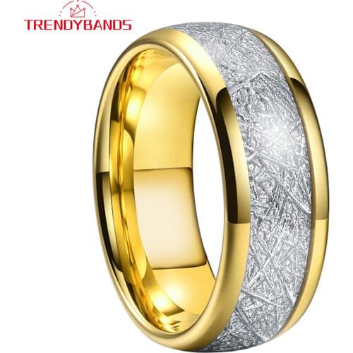 8MM Men Women Gold Tungsten Wedding Ring Polished Shiny Meteorite Inlay Dome Engagement Ring Comfort Fit